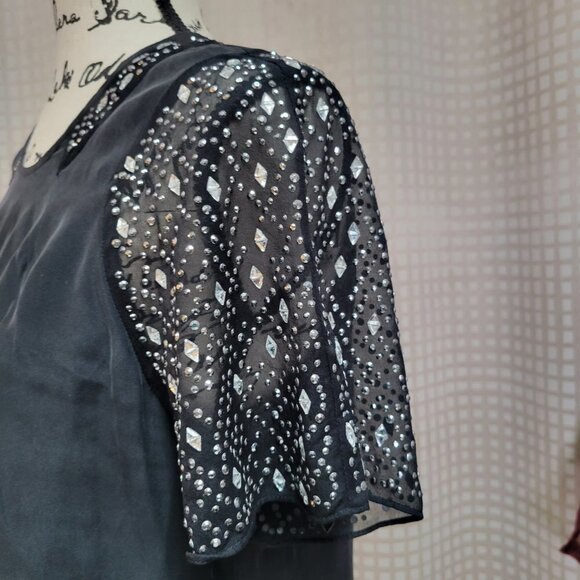 Rebecca Taylor 100% Silk Black Top with Embellished Sleeves - Size 4 - Picture 4 of 13